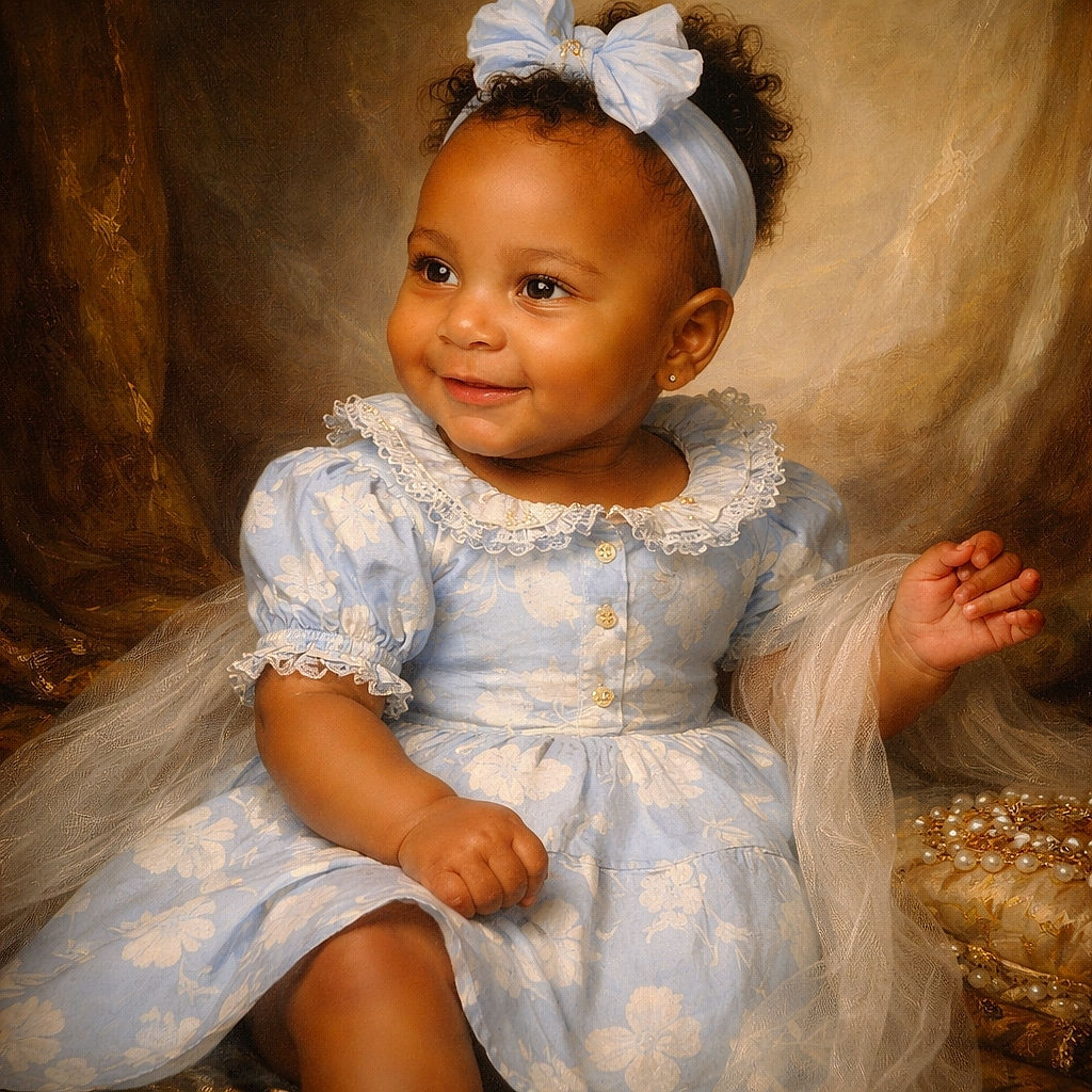 A cheerful baby girl dressed in a light blue floral dress and matching headband sits comfortably on a soft, textured white blanket background, flashing a happy smile and waving her hand as if greeting the world.