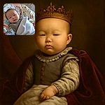 A cozy baby wrapped in a soft white blanket lies on a bed with floral and animal-patterned sheets, looking curiously at the camera with a pacifier resting nearby.