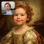 A curly-haired toddler with rosy cheeks and a mischievous smile sits on a carpeted floor, wearing a plain white shirt, with a neutral wall and some indistinct items in the background.