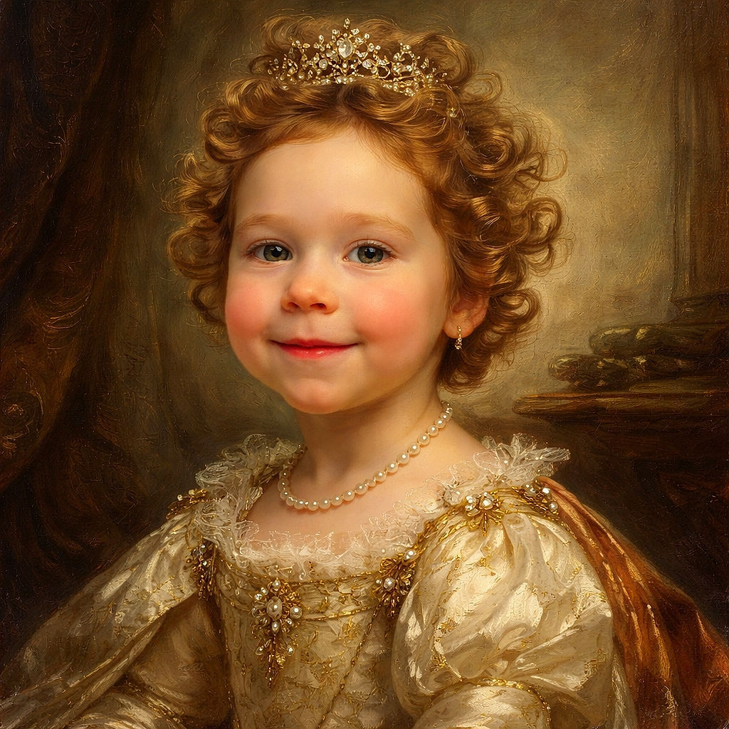 A curly-haired toddler with rosy cheeks and a mischievous smile sits on a carpeted floor, wearing a plain white shirt, with a neutral wall and some indistinct items in the background.