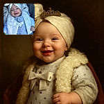 A joyful baby wrapped in cozy clothes and a cute bow headwrap beams up at the camera, clutching colorful rattles, with a soft blanket and stroller fabric as the comfy backdrop.