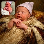 A peacefully sleeping newborn baby wearing a striped hospital hat, wrapped loosely in a white blanket, resting on a soft green surface with a hospital ID bracelet on the wrist, radiating pure innocence and tranquility.
