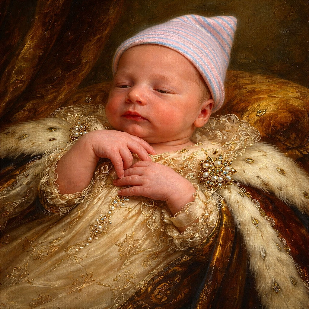 A peacefully sleeping newborn baby wearing a striped hospital hat, wrapped loosely in a white blanket, resting on a soft green surface with a hospital ID bracelet on the wrist, radiating pure innocence and tranquility.
