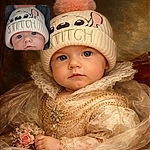 A close-up portrait of an adorable baby wearing a cozy knit hat with 'STITCH' embroidered on it, featuring big curious eyes and a soft expression, captured with sharp focus and gentle lighting.