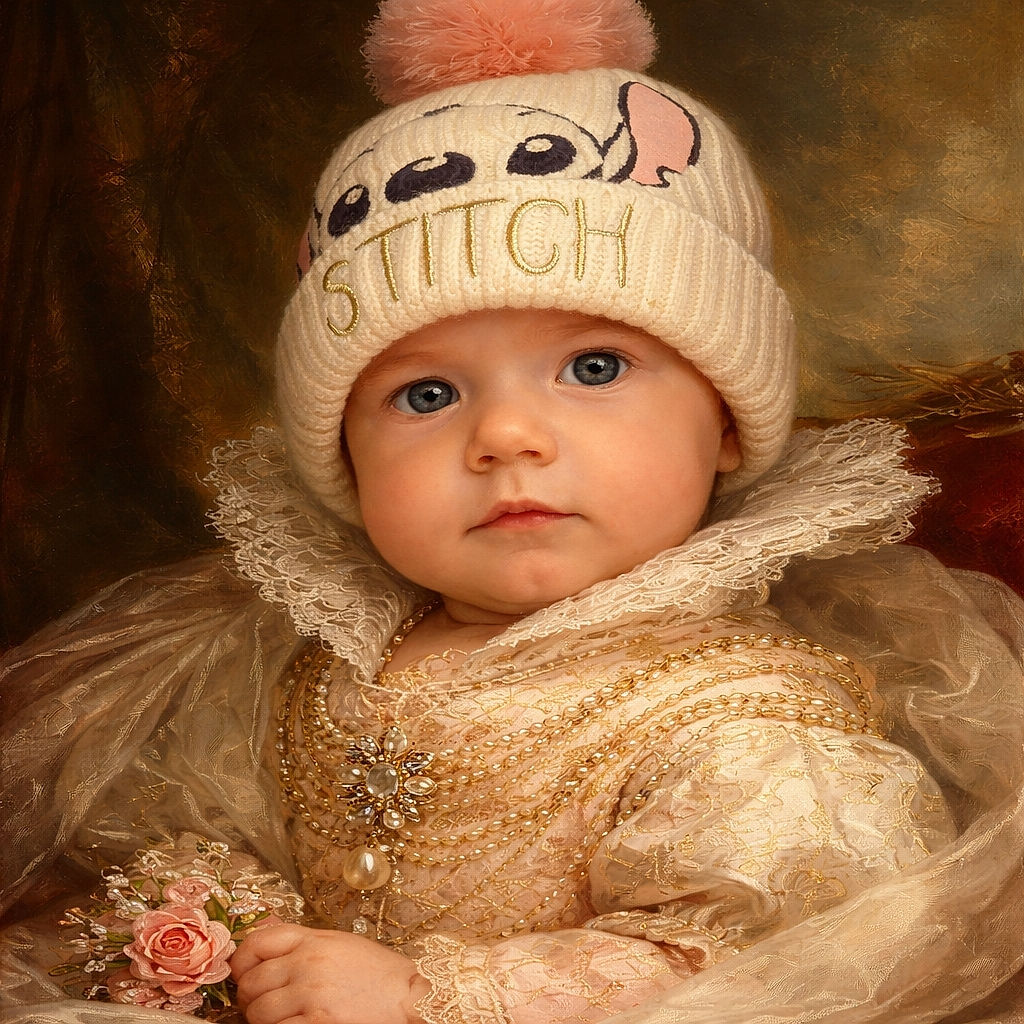 A close-up portrait of an adorable baby wearing a cozy knit hat with 'STITCH' embroidered on it, featuring big curious eyes and a soft expression, captured with sharp focus and gentle lighting.