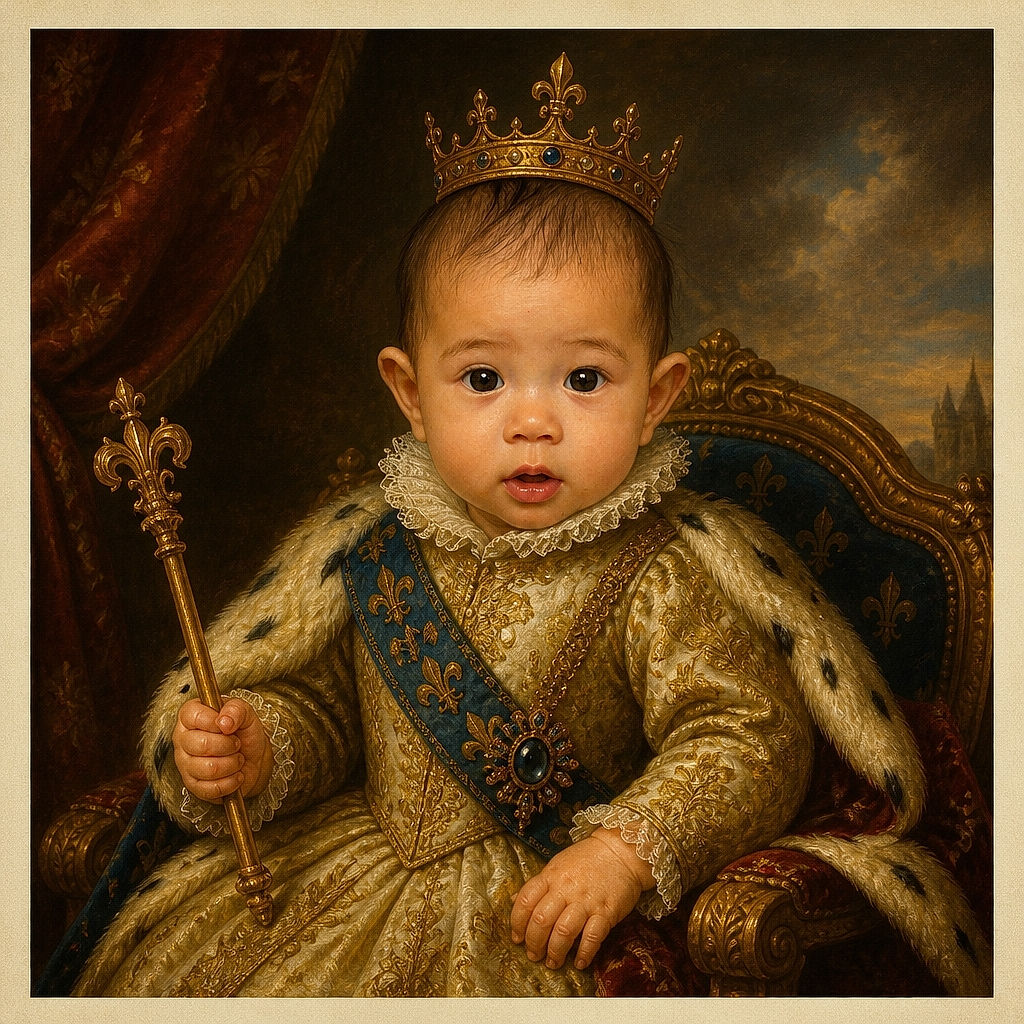 A wide-eyed baby in a bright green outfit sits like a tiny royal on a colorful play mat, gripping a blue toy with the serious concentration of someone negotiating an extremely important snack treaty.