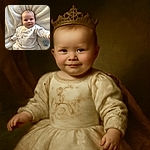 A smiling baby dressed in a cozy white outfit lies on a fluffy cream-colored blanket, reaching out with one arm towards the camera, with a pacifier resting nearby.