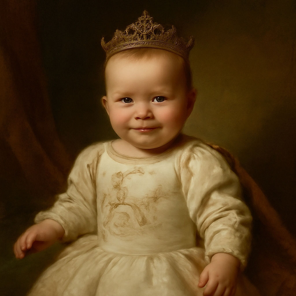 A smiling baby dressed in a cozy white outfit lies on a fluffy cream-colored blanket, reaching out with one arm towards the camera, with a pacifier resting nearby.