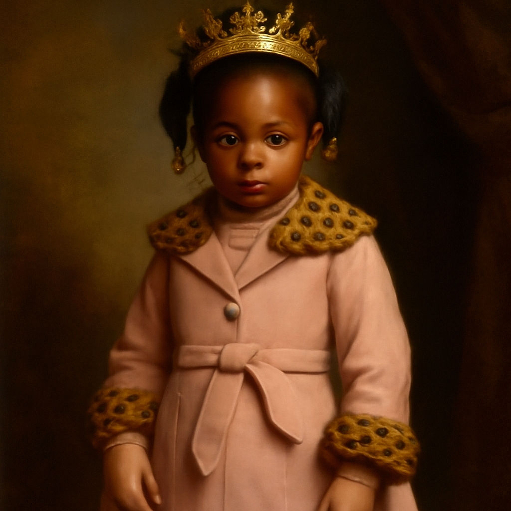 A little girl stands outside a building, dressed warmly in a stylish pink coat with leopard print accents, white tights, and black shoes. Her hair is adorned with colorful beads, and she looks curiously at the camera, framed by a brick wall and a glass door reflecting the surroundings.