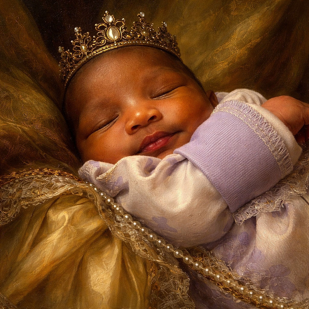 A peaceful sleeping baby wrapped in a cozy lavender and white outfit, nestled comfortably against a dark fabric background with a soft focus on the infant's serene face.