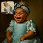 A joyful baby dressed in a light blue outfit with lace details and a matching headband is laughing gleefully while lying on a fluffy white surface. The baby is holding a colorful plush toy that is slightly blurred due to motion, adding a playful vibe to the scene.