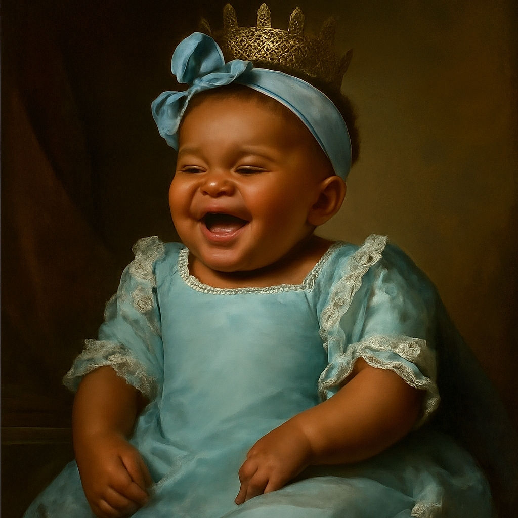 A joyful baby dressed in a light blue outfit with lace details and a matching headband is laughing gleefully while lying on a fluffy white surface. The baby is holding a colorful plush toy that is slightly blurred due to motion, adding a playful vibe to the scene.