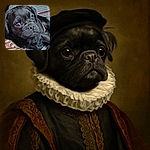 A close-up of a black pug puppy with big, shiny eyes looking curiously off-camera, lying comfortably on a patterned blanket and soft cushions, with a cozy indoor vibe.