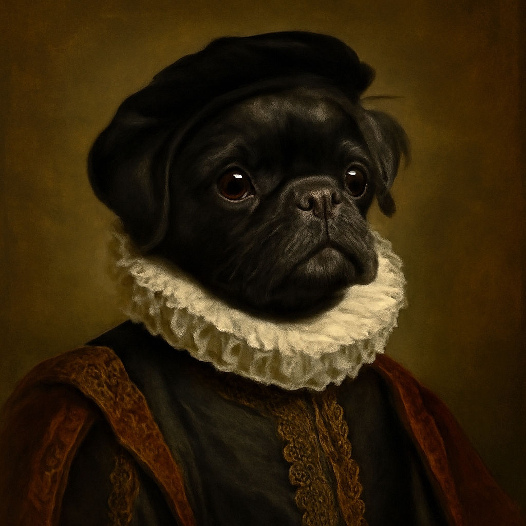 A close-up of a black pug puppy with big, shiny eyes looking curiously off-camera, lying comfortably on a patterned blanket and soft cushions, with a cozy indoor vibe.