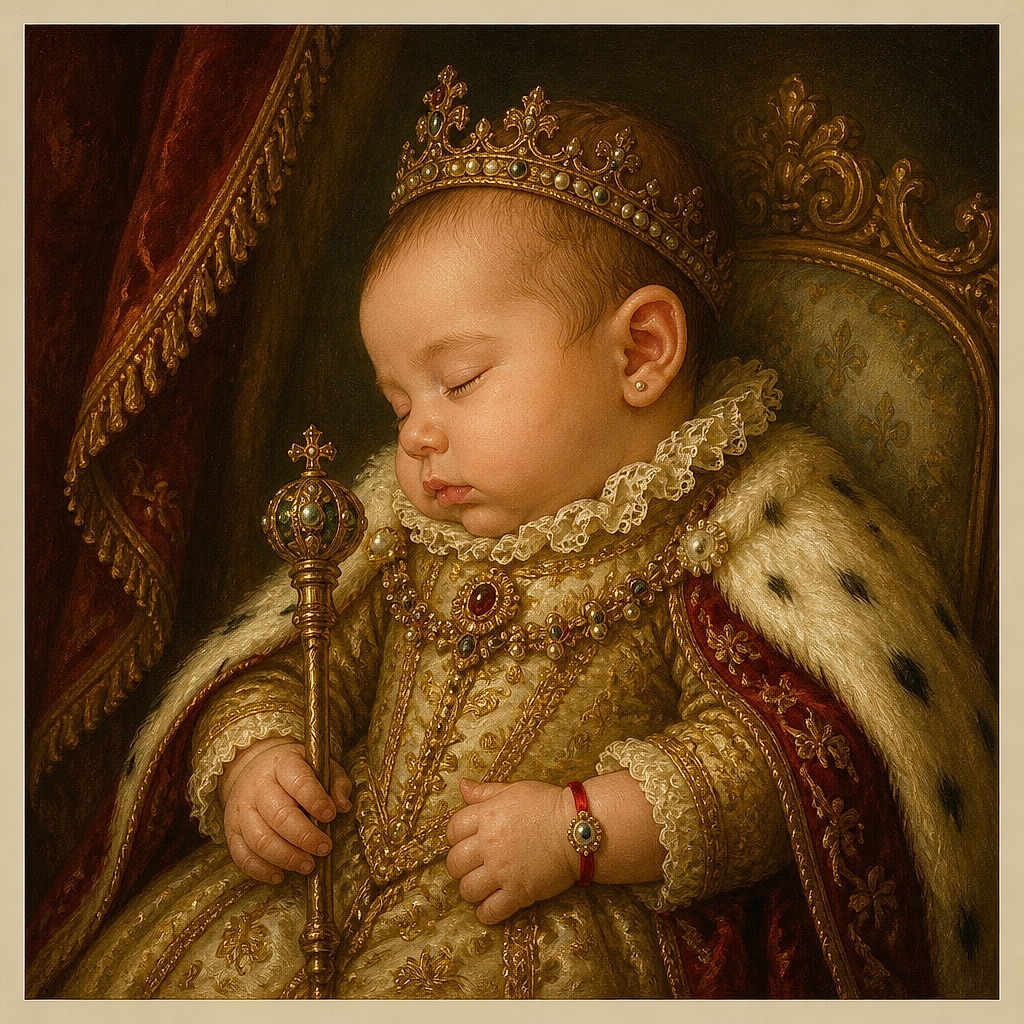 A peacefully sleeping baby is bundled in a leopard-print outfit, looking like a tiny fashion icon who wore herself out after a very serious nap. She rests on a fluffy white blanket, complete with a tiny earring and red bracelet for extra superstar flair.