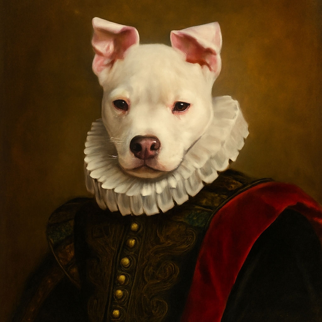 A charming white puppy with a black harness is stepping confidently on the grass, ears perked up and eyes curious, basking in the sunlight with a soft green background blur.