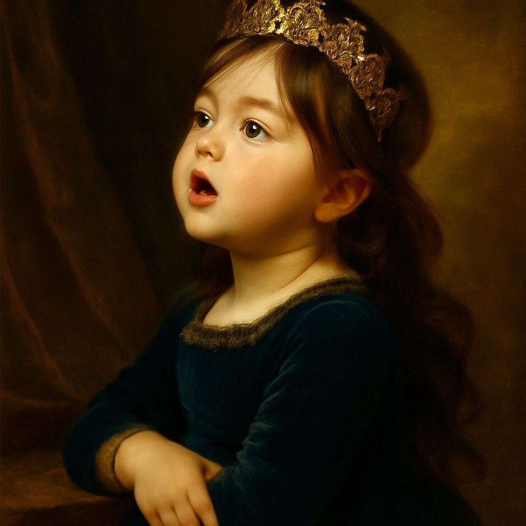 A curious toddler with tousled hair and a navy blue shirt gazes upwards, bathed in soft natural light that highlights the gentle texture of their hair and delicate facial features, sitting on a wooden floor with a green mat in the background.