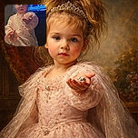 A pajama-clad toddler with a gravity-defying ponytail dramatically offers a tiny rock to the camera like a miniature negotiator, while a very serious news anchor glowers from the TV in the background — bedtime diplomacy in action.