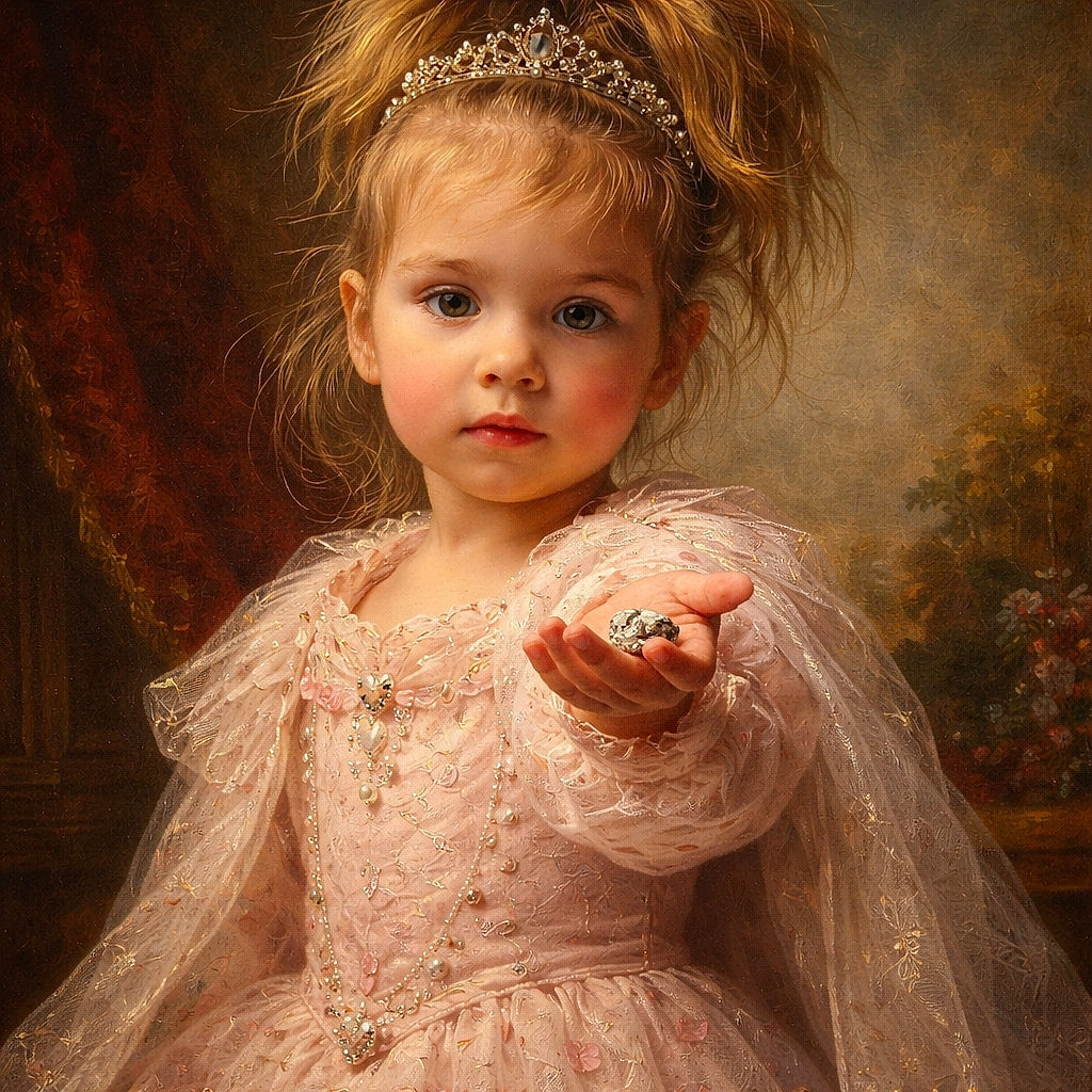 A pajama-clad toddler with a gravity-defying ponytail dramatically offers a tiny rock to the camera like a miniature negotiator, while a very serious news anchor glowers from the TV in the background — bedtime diplomacy in action.