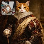 A chonky orange tabby perched like royalty in a wicker basket- throne, staring with imperious golden eyes — the kind of ruler who demands pets on schedule. Cozy cushions, a nearby stove and a slightly rumpled blanket complete this picture of domestic sovereignty.