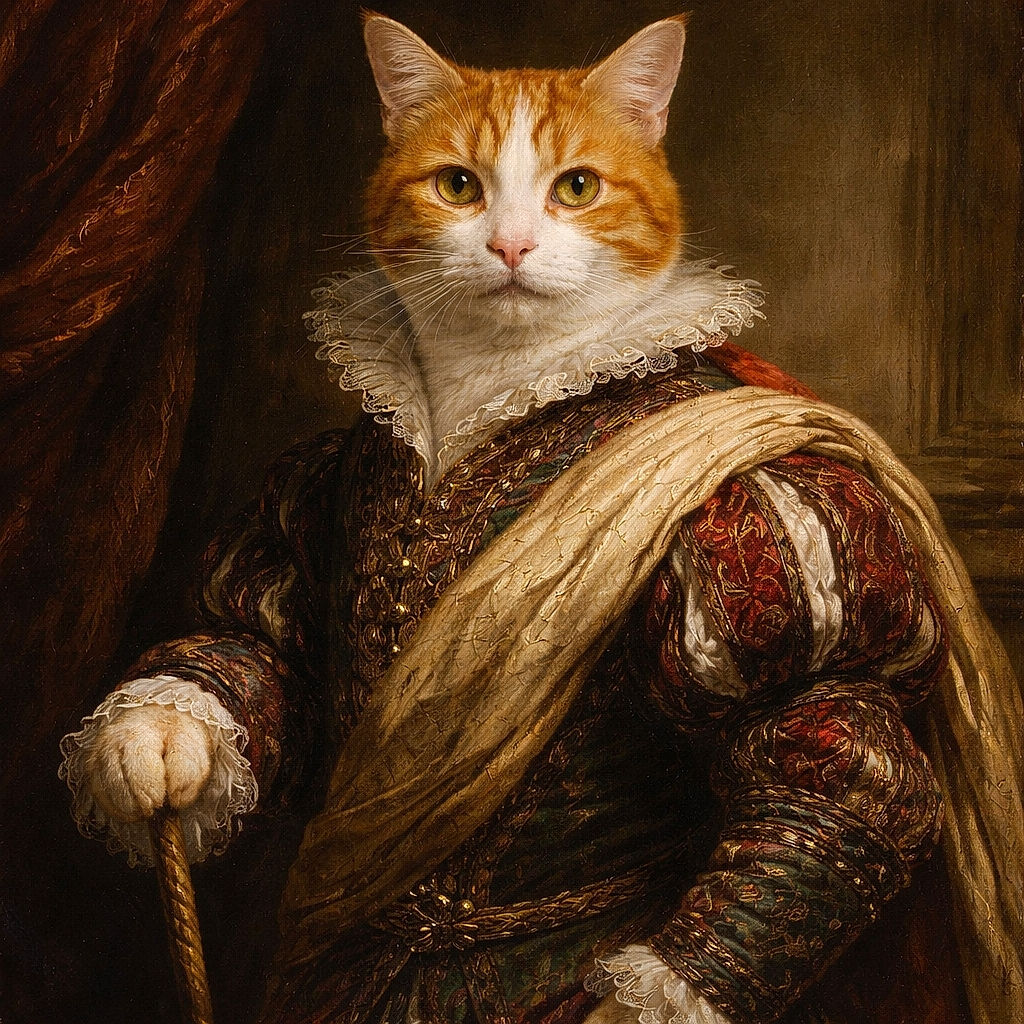 A chonky orange tabby perched like royalty in a wicker basket- throne, staring with imperious golden eyes — the kind of ruler who demands pets on schedule. Cozy cushions, a nearby stove and a slightly rumpled blanket complete this picture of domestic sovereignty.