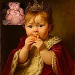 A chubby baby in a diaper is sitting and munching on a cracker, with a slightly blurry and dimly lit background that hints at a cozy indoor setting.