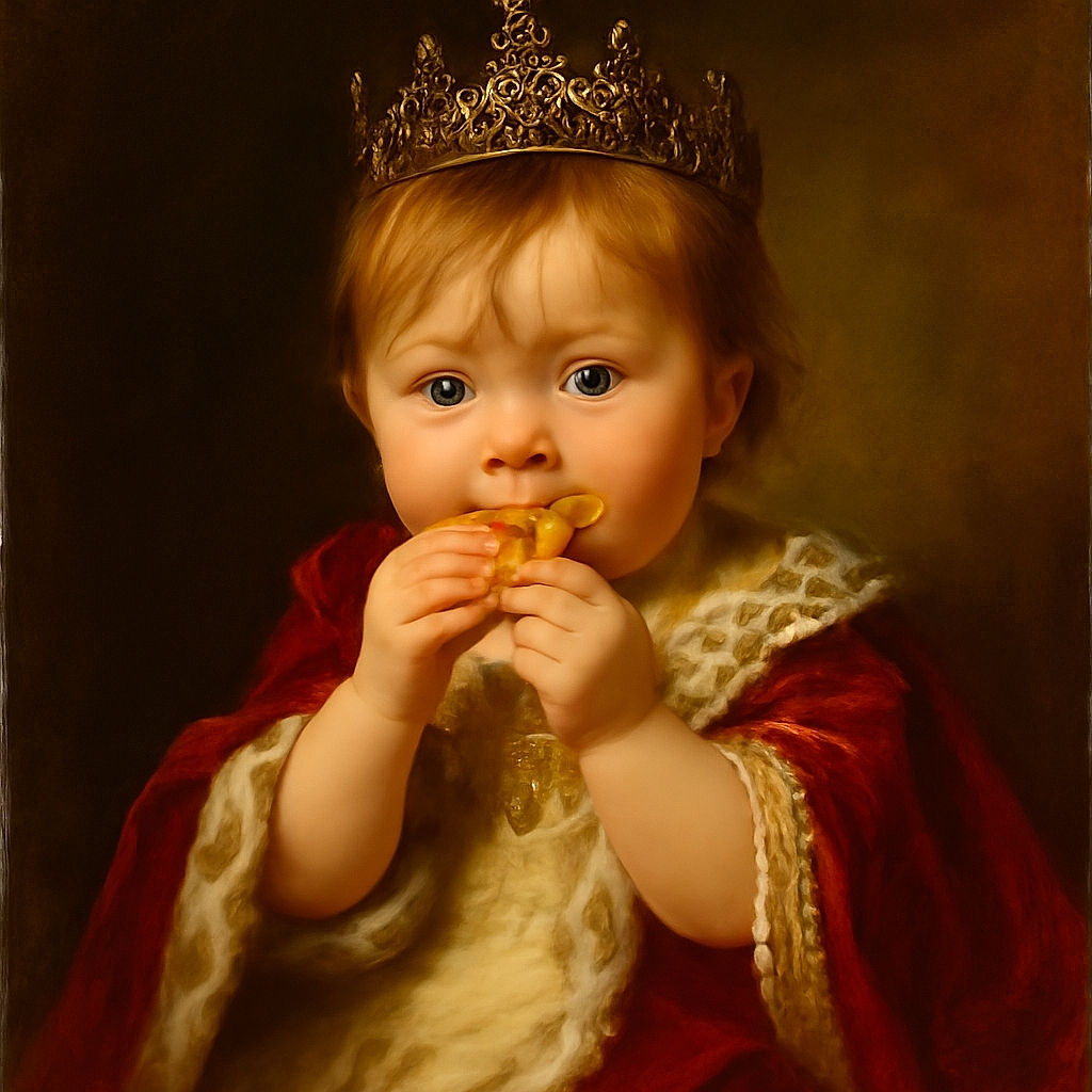 A chubby baby in a diaper is sitting and munching on a cracker, with a slightly blurry and dimly lit background that hints at a cozy indoor setting.
