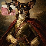 A curious small black and tan dog with large ears sits attentively on a wrinkled pink bed sheet with a white pillow behind, looking straight at the camera with big round eyes. The background shows a beige wall and a small table with some items on it.