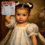 A cute toddler stands indoors wearing a light blue outfit with small peach prints, black sneakers, and a white bow in her hair. She is holding her hands up to her head as if adjusting her bow, with a floral and text-decorated banner in the background. The wooden floor and baseboard add a cozy home vibe.
