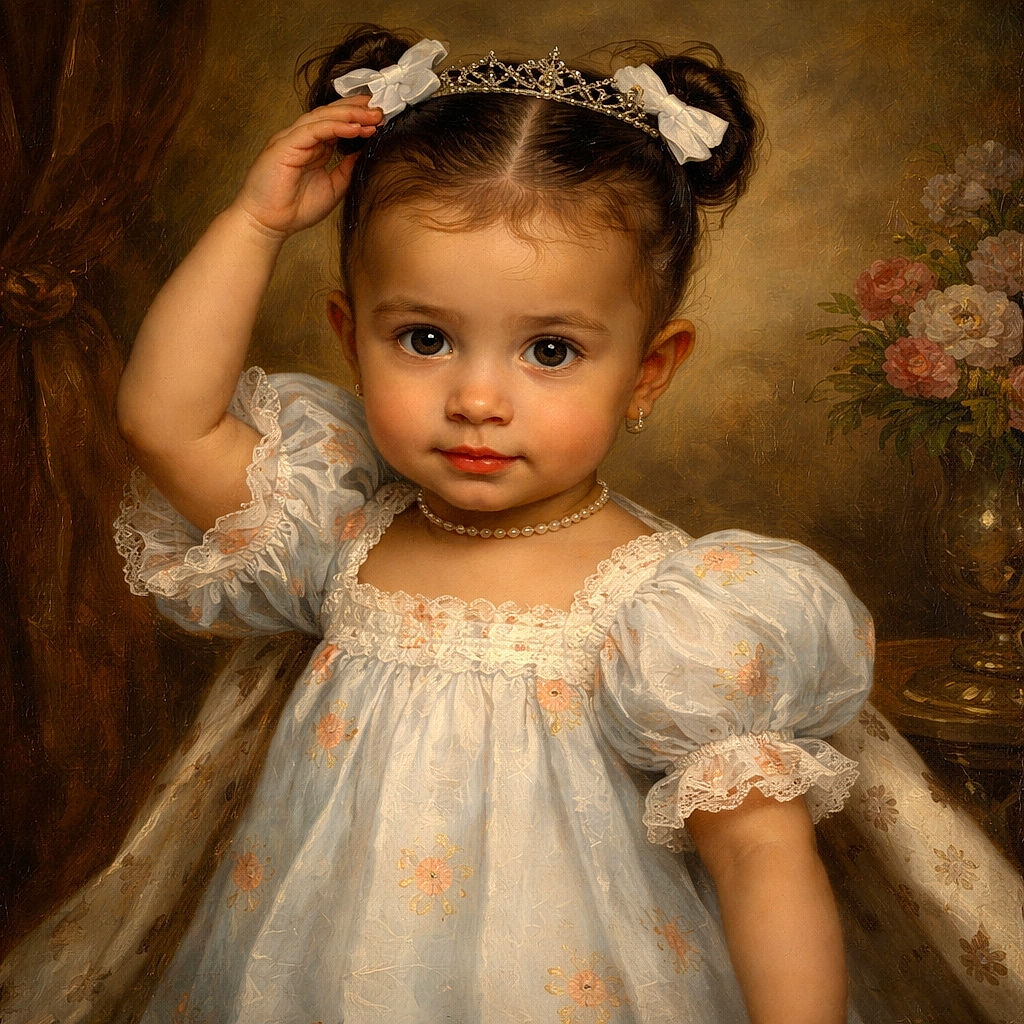 A cute toddler stands indoors wearing a light blue outfit with small peach prints, black sneakers, and a white bow in her hair. She is holding her hands up to her head as if adjusting her bow, with a floral and text-decorated banner in the background. The wooden floor and baseboard add a cozy home vibe.