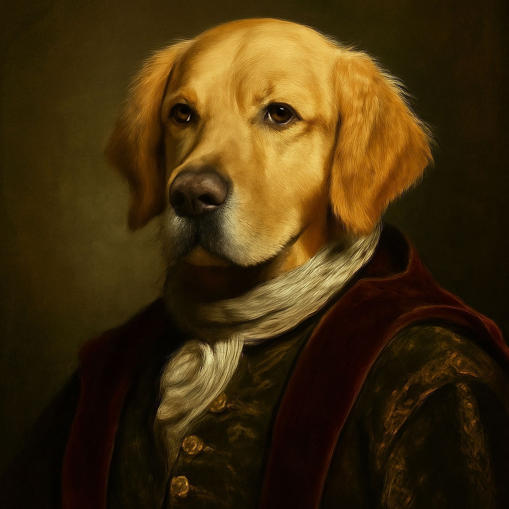 A serene golden retriever lounges on a patchy lawn basking in soft sunlight, surrounded by garden greenery. The dog looks thoughtfully into the distance while a playful turquoise text overlay at the bottom right cheekily reads 'laissez moi tranquille' with an arrow pointing at the pup's paw, adding a humorous touch of canine demand for peace.