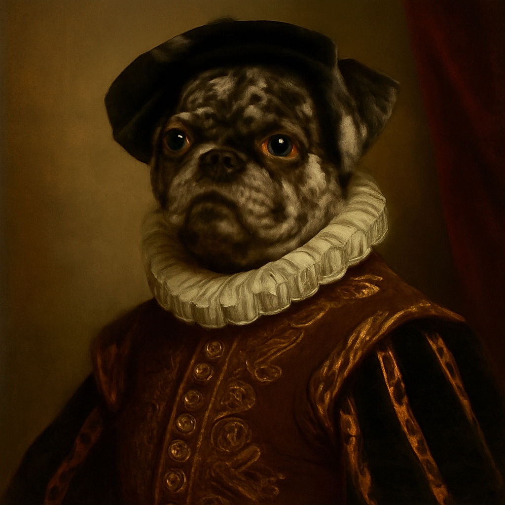 A charming speckled dog lounges on a tiled floor next to an empty water bowl, looking up with curious eyes as if wondering when dinner will be served.