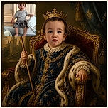 A determined little toddler sits like the tiny CEO of snack time, gripping a high-chair tray while giving the camera an impressively serious pout. Warm wooden doors and a cozy carpet make the scene feel like a perfectly staged home portrait.