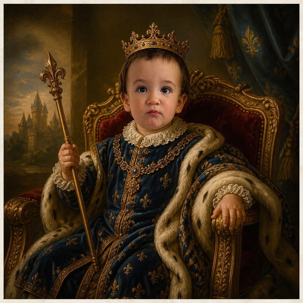 A determined little toddler sits like the tiny CEO of snack time, gripping a high-chair tray while giving the camera an impressively serious pout. Warm wooden doors and a cozy carpet make the scene feel like a perfectly staged home portrait.