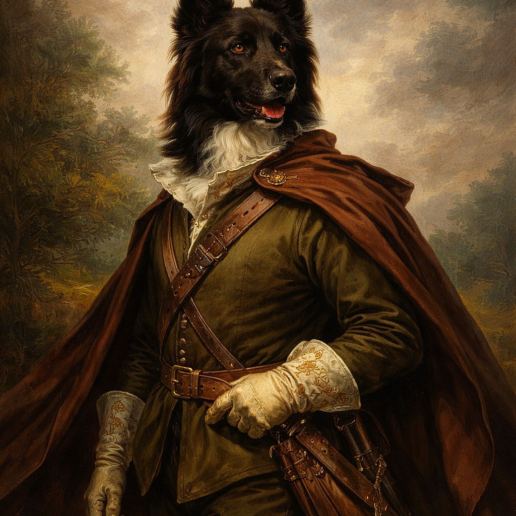 A fluffy black dog with a white chest stands alert on lush green grass near a pond, leash held by a person wearing a light blue sleeve. The dog looks curious and ready for an adventure, surrounded by trees and a serene outdoor setting.