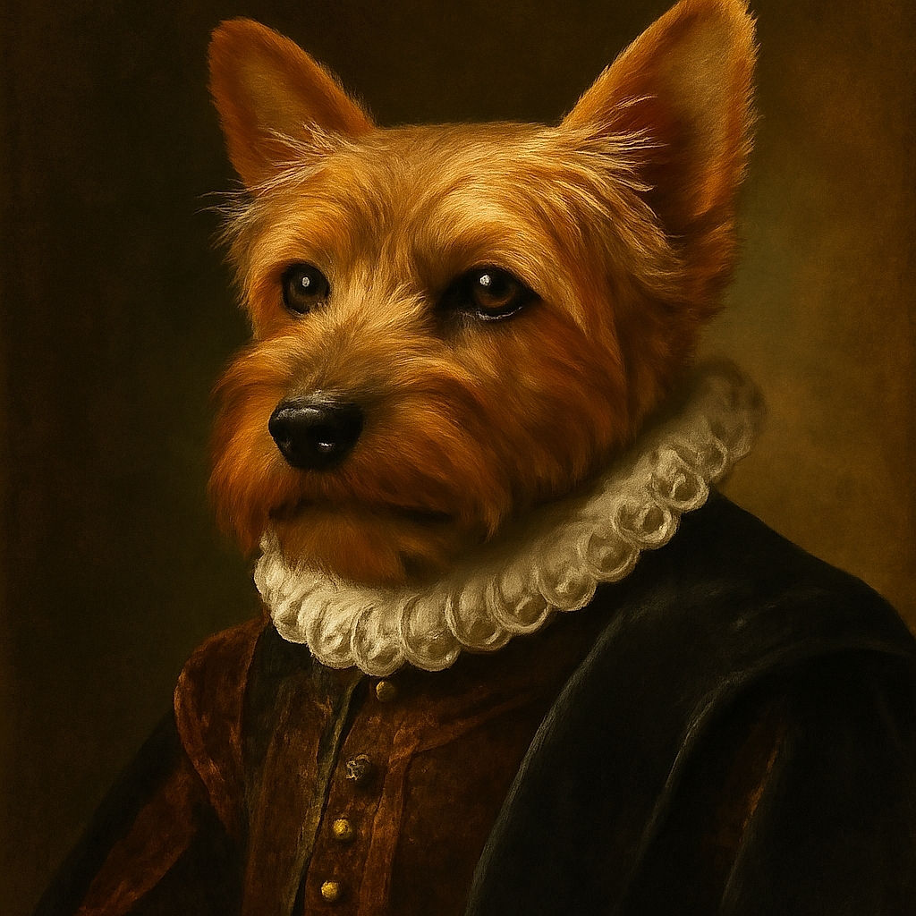 A close-up shot of a small dog resting its head on a person's arm, with expressive eyes looking off to the side. The background is softly blurred with hints of purple and red, creating a cozy and intimate atmosphere.