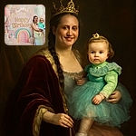 A cheerful woman holding a cute toddler in front of a pastel-colored birthday backdrop featuring balloons, stars, unicorns, and a rainbow. The toddler is dressed in a fluffy turquoise dress, and both seem ready to celebrate a magical birthday party.