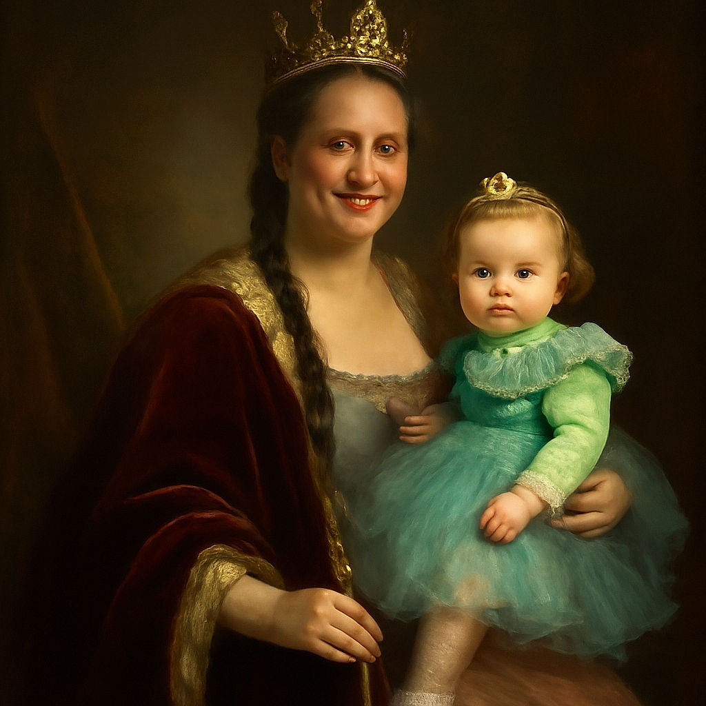 A cheerful woman holding a cute toddler in front of a pastel-colored birthday backdrop featuring balloons, stars, unicorns, and a rainbow. The toddler is dressed in a fluffy turquoise dress, and both seem ready to celebrate a magical birthday party.