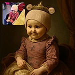 A cute toddler wearing a pink knit hat with bear ears and a matching pink outfit sits in a high chair, gripping the chair's edge with a mischievous smile. The background shows a lively café scene with people chatting and a bright pink wall with white text.