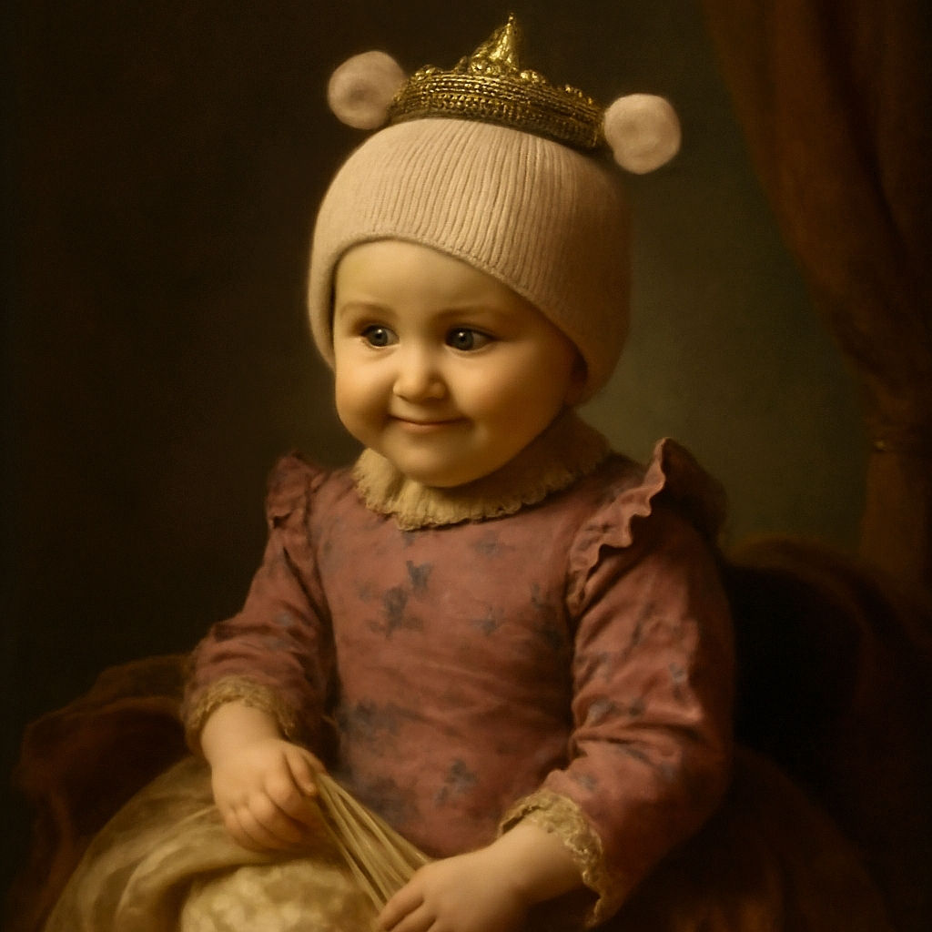 A cute toddler wearing a pink knit hat with bear ears and a matching pink outfit sits in a high chair, gripping the chair's edge with a mischievous smile. The background shows a lively café scene with people chatting and a bright pink wall with white text.