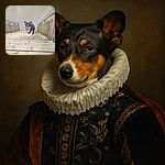 A happy dog with its tongue out is trotting up a wooden staircase by a body of water, surrounded by bare trees. The photo is a bit blurry but captures the joyful energy of the dog on a cloudy day.
