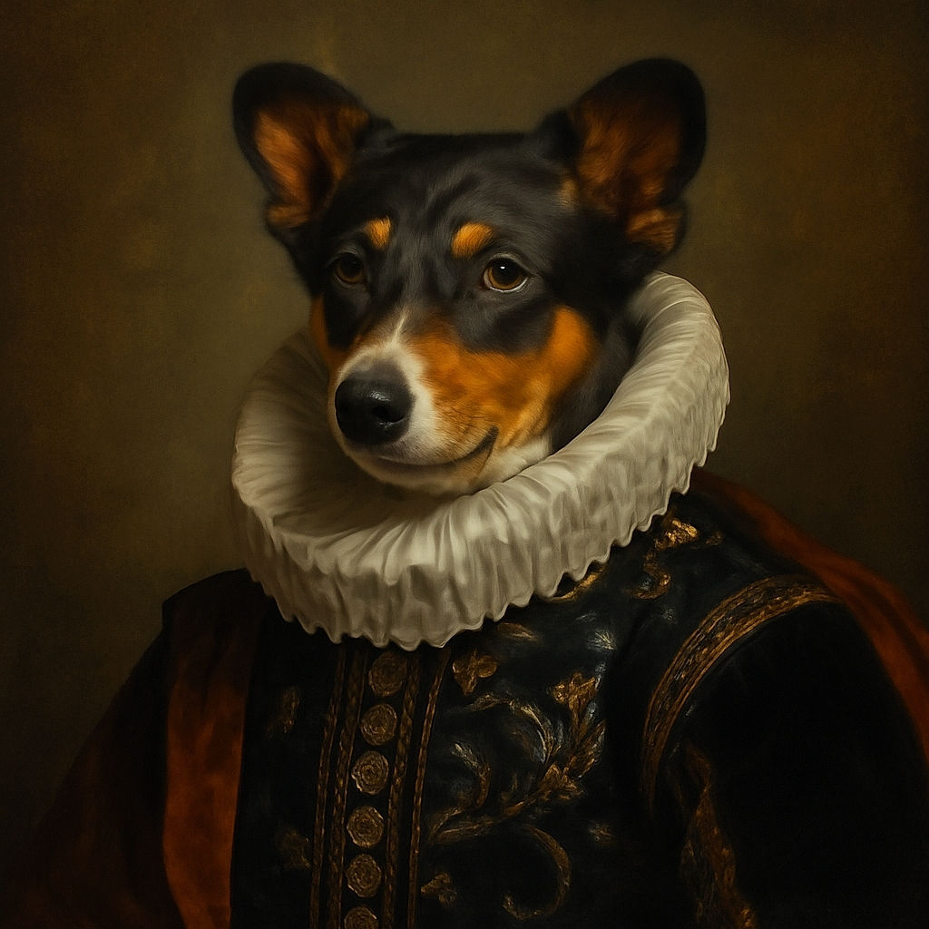 A happy dog with its tongue out is trotting up a wooden staircase by a body of water, surrounded by bare trees. The photo is a bit blurry but captures the joyful energy of the dog on a cloudy day.