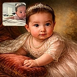A curious baby with big expressive eyes is lying on a bed, stretching arms forward, surrounded by a cozy room with a slightly messy bed in the background, capturing a candid and adorable moment.