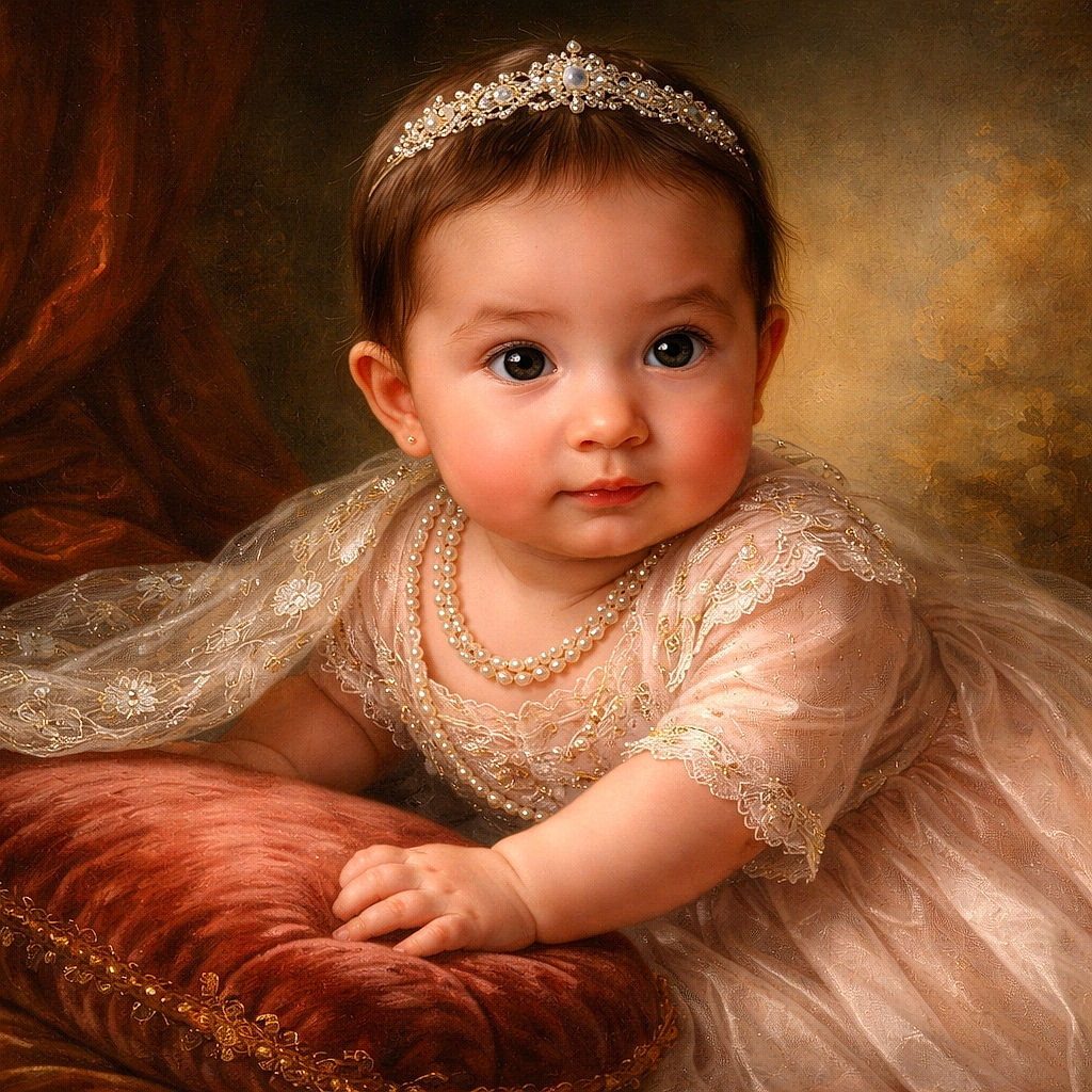 A curious baby with big expressive eyes is lying on a bed, stretching arms forward, surrounded by a cozy room with a slightly messy bed in the background, capturing a candid and adorable moment.