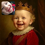 A close-up shot of a happy baby with bright blue eyes and a cheeky smile, tongue slightly out, wearing a red and grey outfit with a black seatbelt strap visible, likely in a car seat. The image is slightly blurry but captures the joyful expression perfectly.