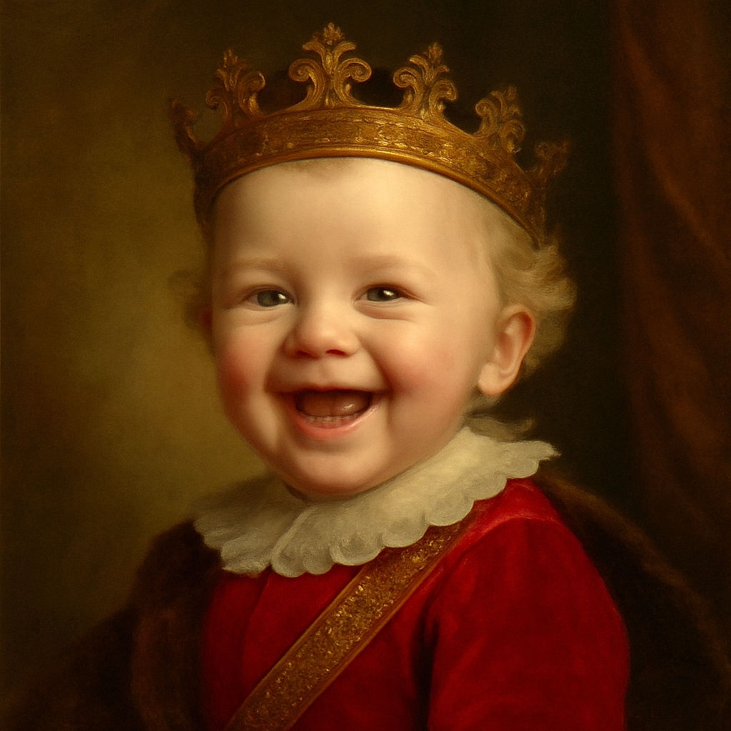 A close-up shot of a happy baby with bright blue eyes and a cheeky smile, tongue slightly out, wearing a red and grey outfit with a black seatbelt strap visible, likely in a car seat. The image is slightly blurry but captures the joyful expression perfectly.