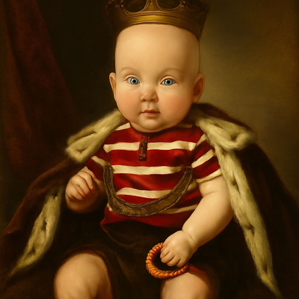 A chubby-cheeked baby with bright eyes sits securely strapped in a cozy gray stroller, wearing a patriotic red, white, and blue starry outfit and a quirky orange bracelet, surrounded by a lush garden backdrop.