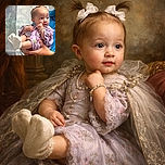 A cute baby with two playful ponytails tied with white bows is being held gently by an adult wearing a blue shirt. The baby is dressed in a colorful purple outfit and white socks, looking curiously to the side with a slight smile, while clutching the fabric of their outfit. The background features a soft patterned curtain with leaf designs.