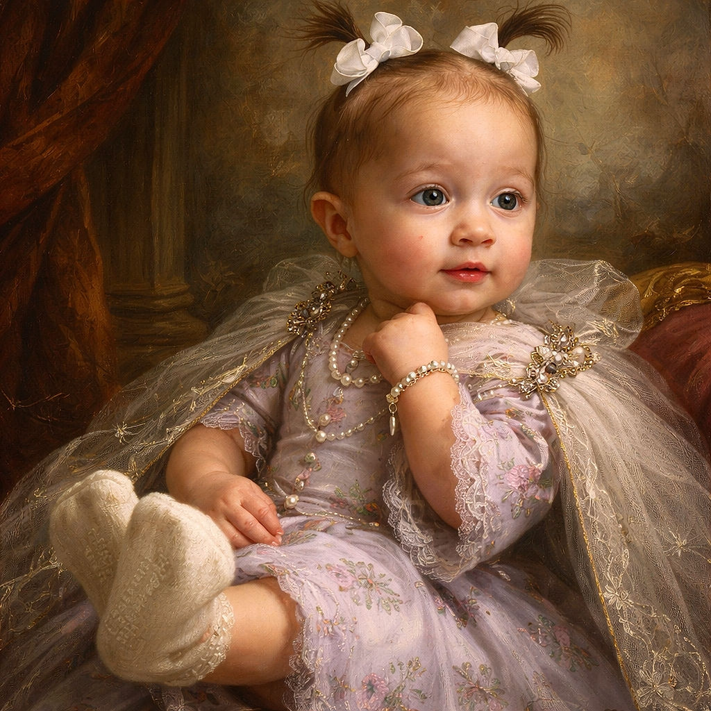 A cute baby with two playful ponytails tied with white bows is being held gently by an adult wearing a blue shirt. The baby is dressed in a colorful purple outfit and white socks, looking curiously to the side with a slight smile, while clutching the fabric of their outfit. The background features a soft patterned curtain with leaf designs.