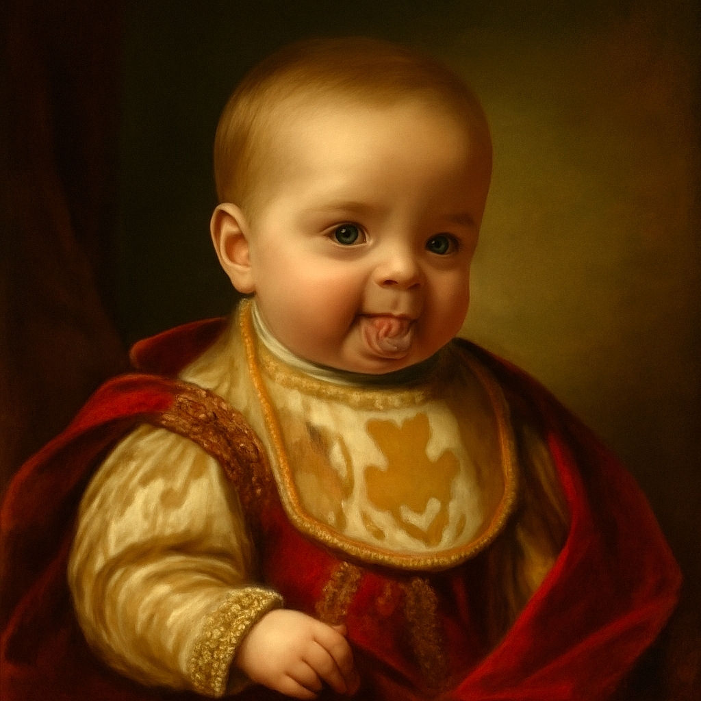 A cute baby sitting on a brown quilted chair, wearing a bib with dancing bears, playfully sticking out their tongue while holding a pacifier, surrounded by cozy blankets and warm lighting.